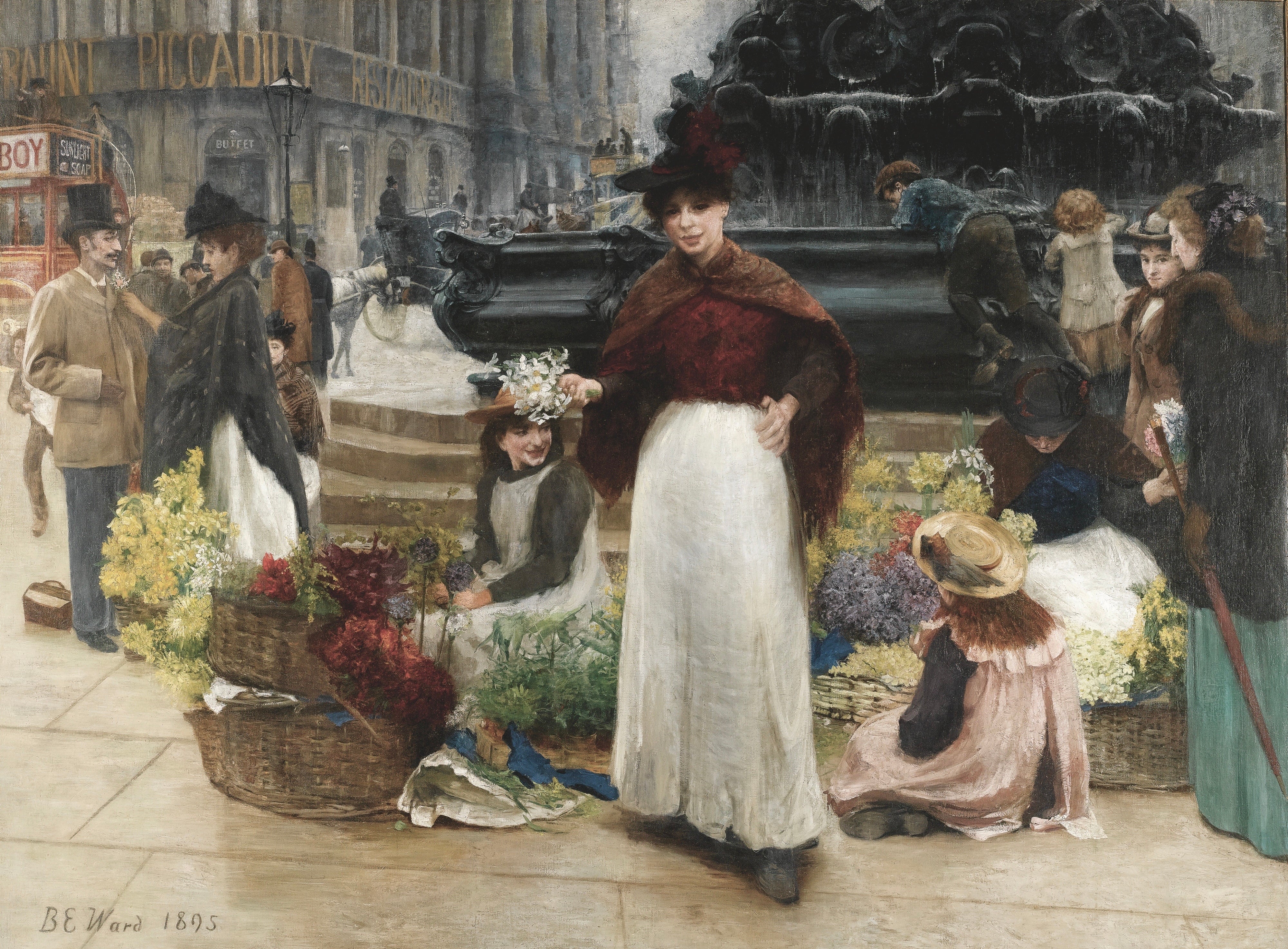 Vinyl Decal, 19th-Century Street Scene with Floral Vendors and Elegant Figures (5" x 7")