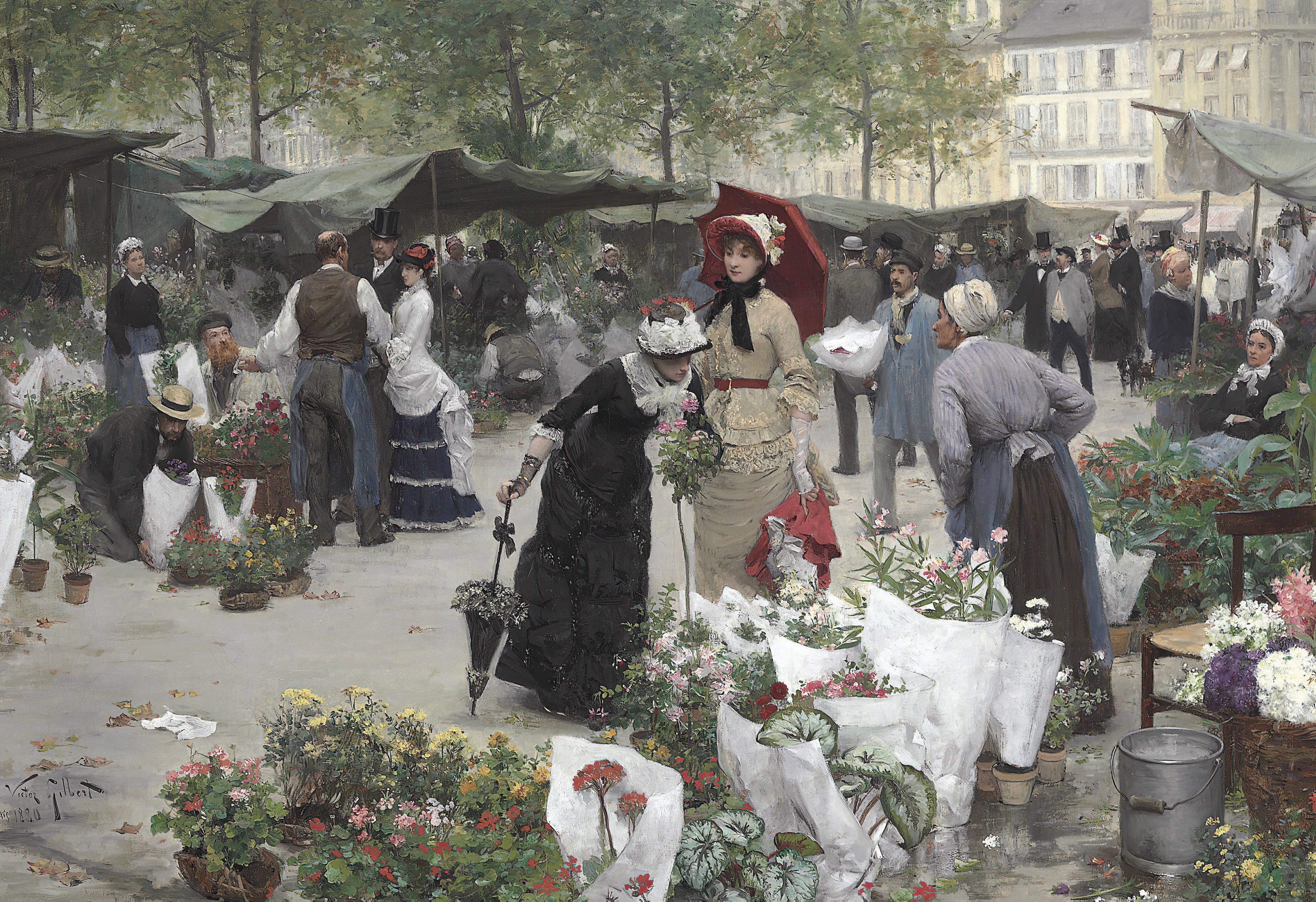 Vinyl Decal, Vibrant 1880 Market Scene Painting Featuring Elegantly Dressed Individuals and Vendors