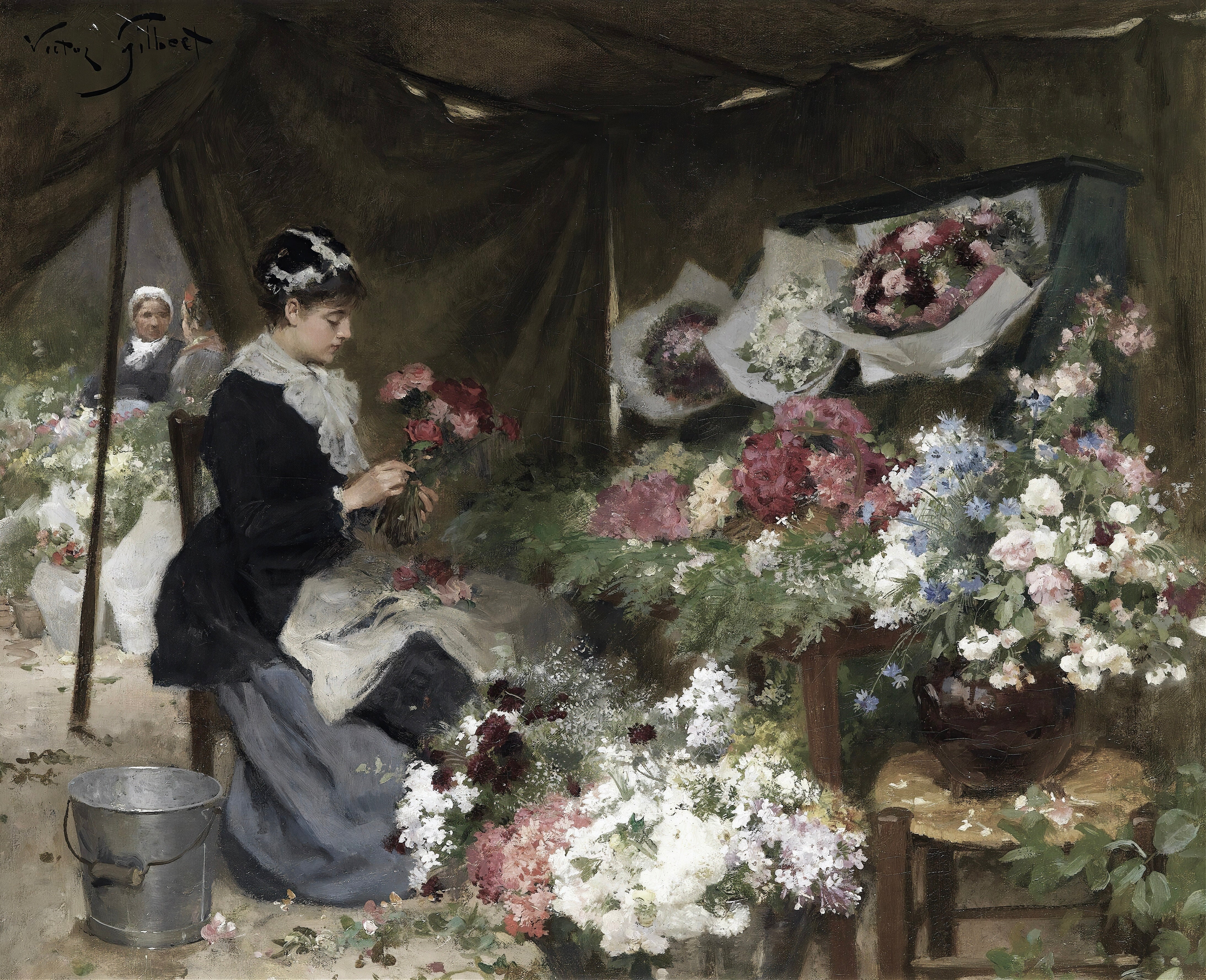 Vinyl Decal, Beautifully Detailed Oil Painting Reproduction of a Woman Arranging Colorful Flowers at