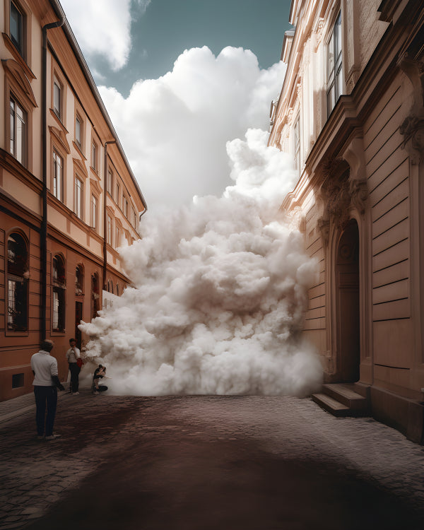 Vinyl Decal, Urban Alleyway Filled with White Smoke Between Classic European Buildings (5" x 7")
