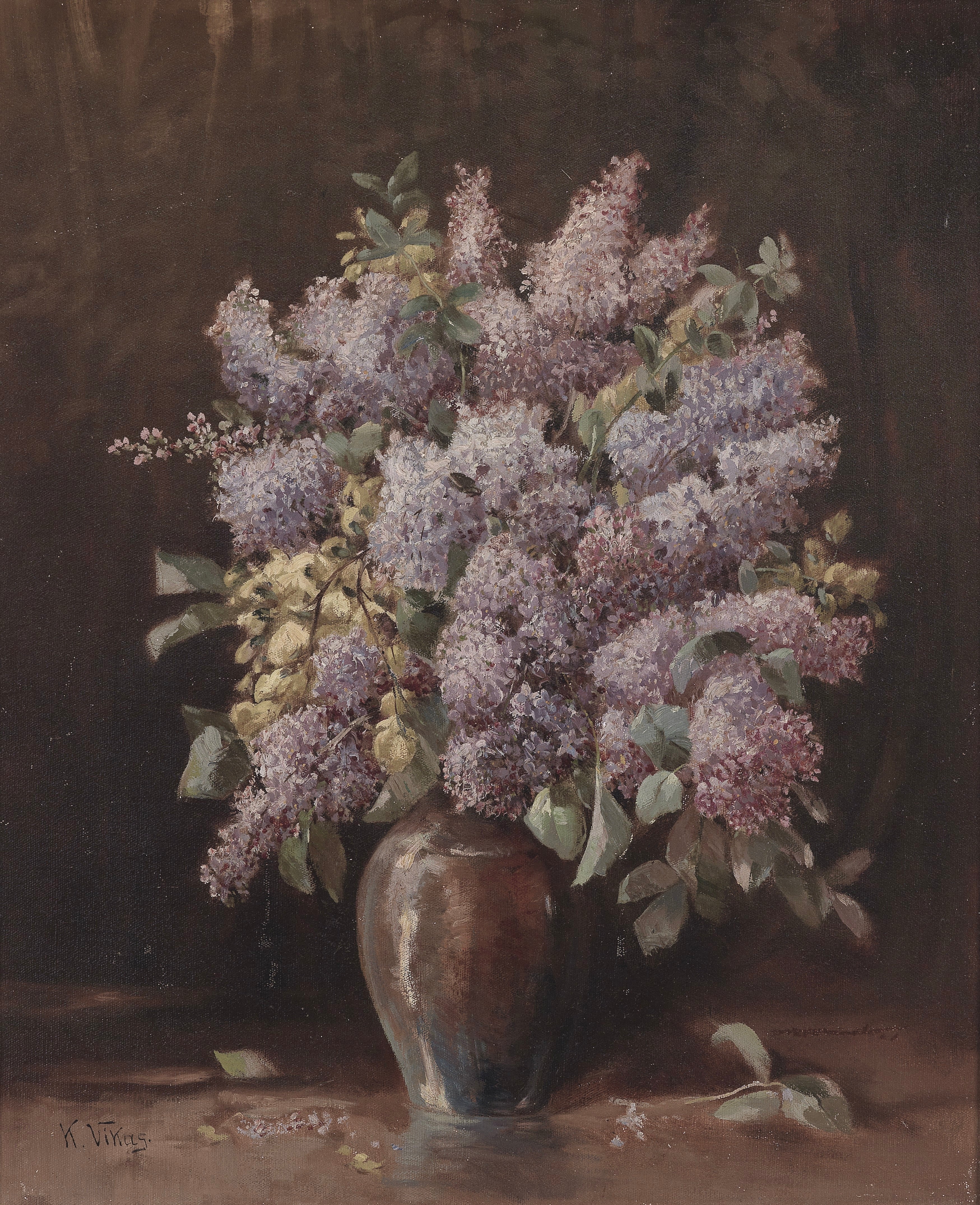 Vinyl Decal, Purple and White Lilac Flowers in Brown Vase Still Life Wall Art Print (5" x 7")