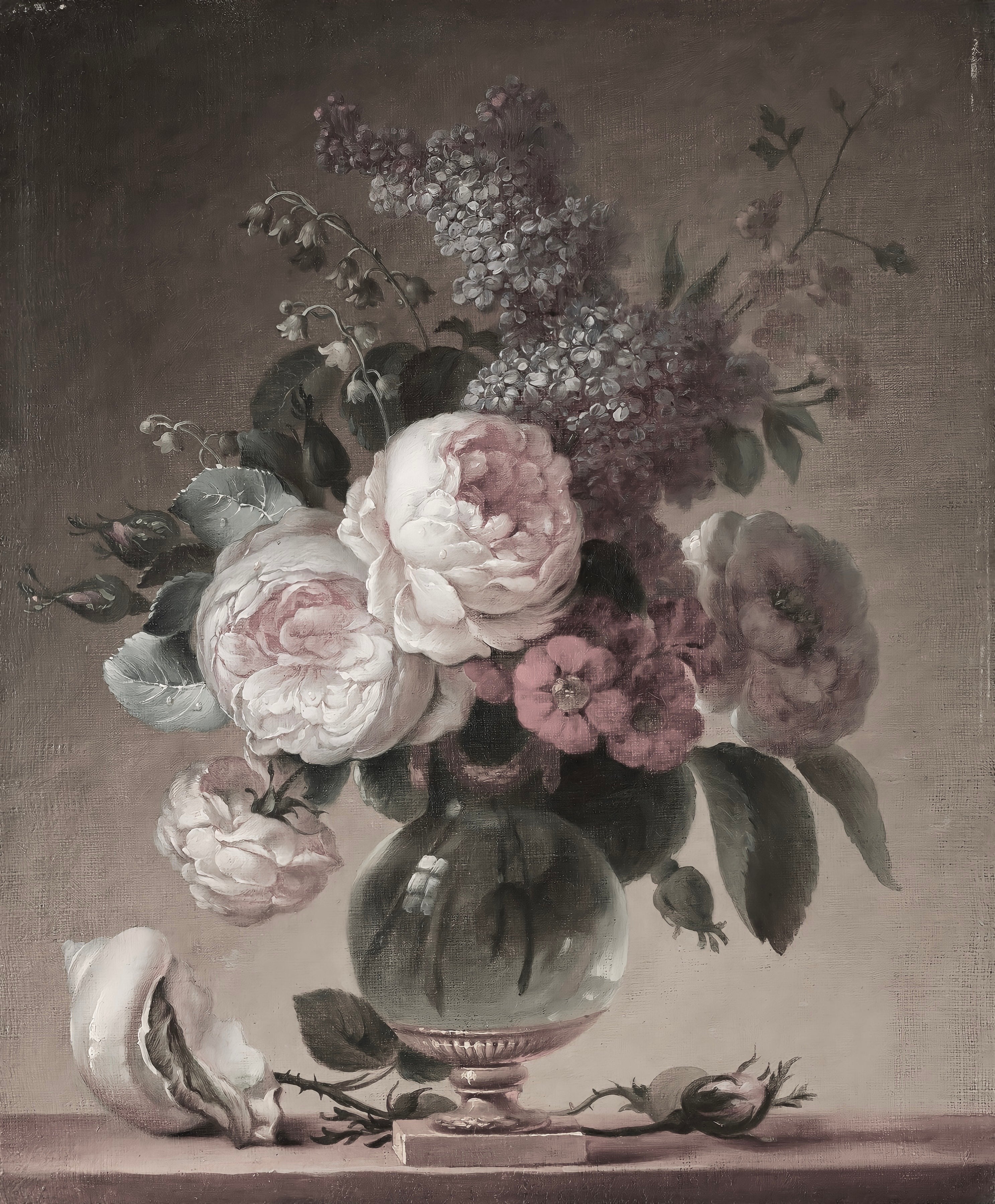 Vinyl Decal, Floral Still Life Wall Art Print, Classic Botanical Painting, Roses Lilacs Glass Vase H
