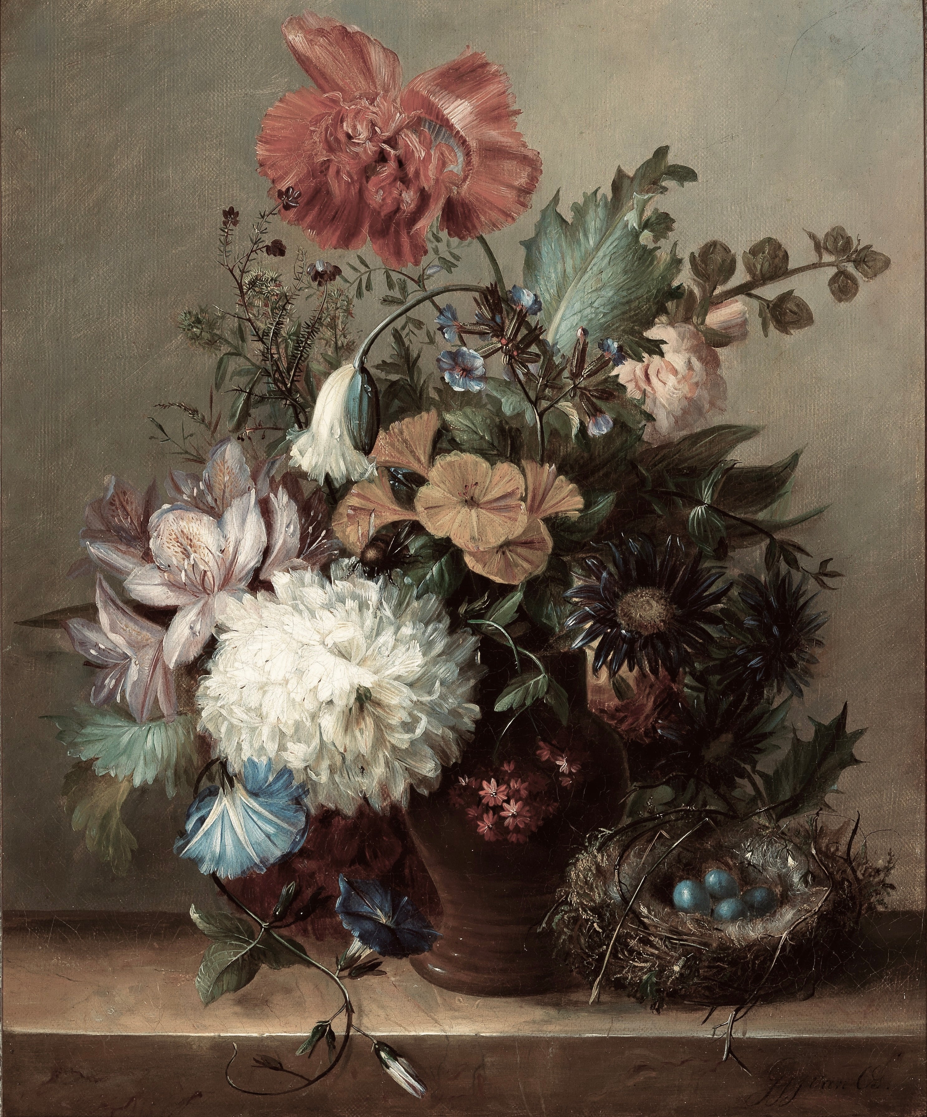 Vinyl Decal, Floral Still Life Wall Art Print - Rustic Flower Bouquet in Vase Painting Reproduction