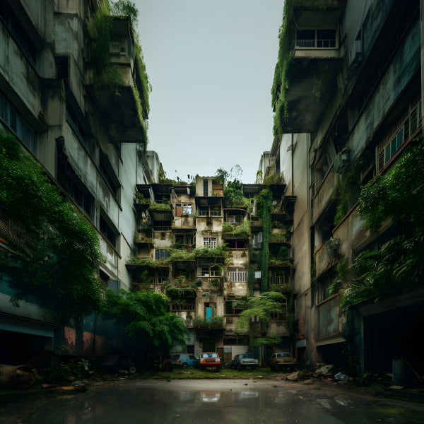 Vinyl Decal, Abandoned Urban Apartment Building Overgrown with Greenery and Vines (5" x 7")