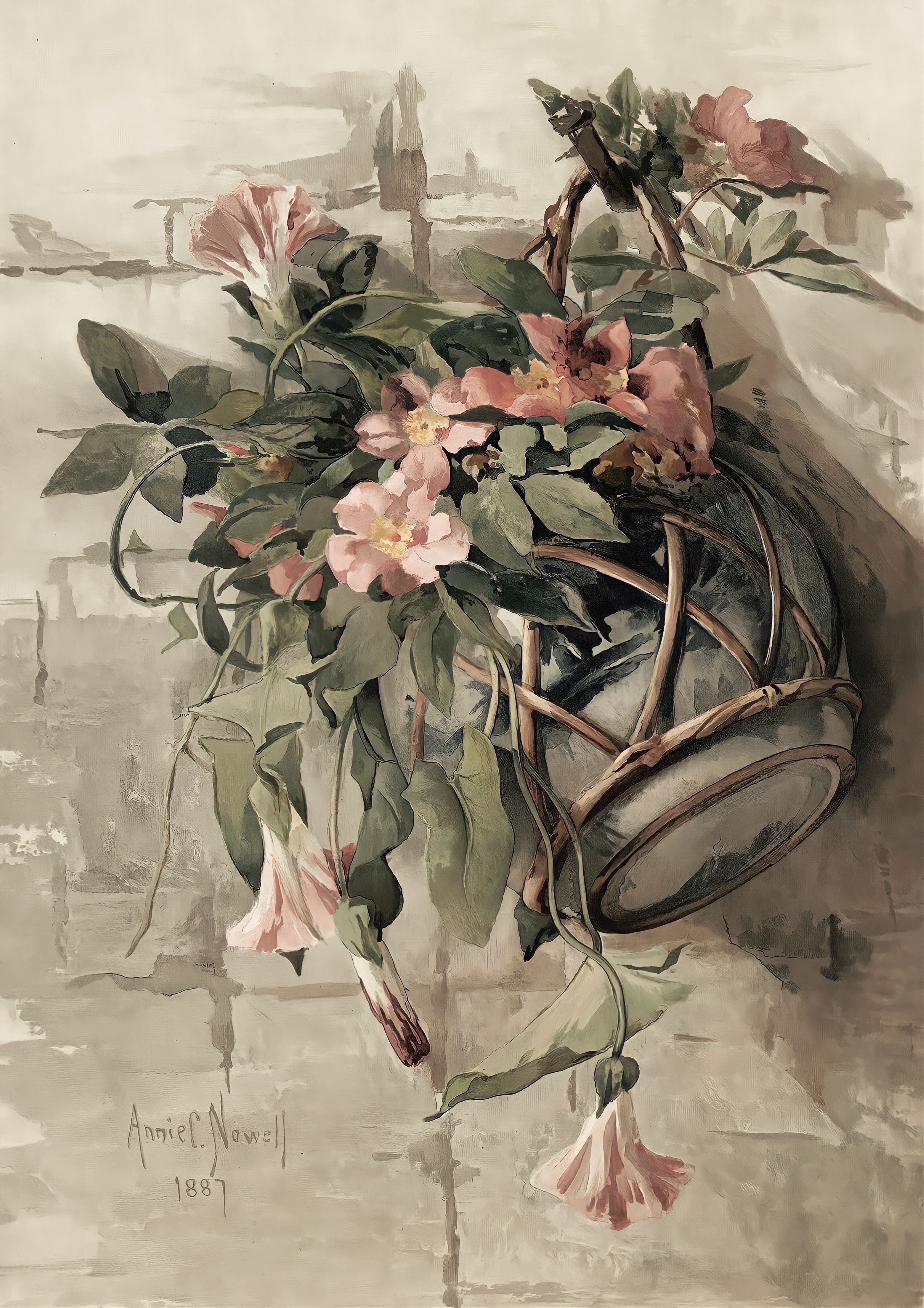 Vinyl Decal, Floral Still Life Wall Art Print, Pink Flowers in Hanging Vase, Classic Botanical Artwo
