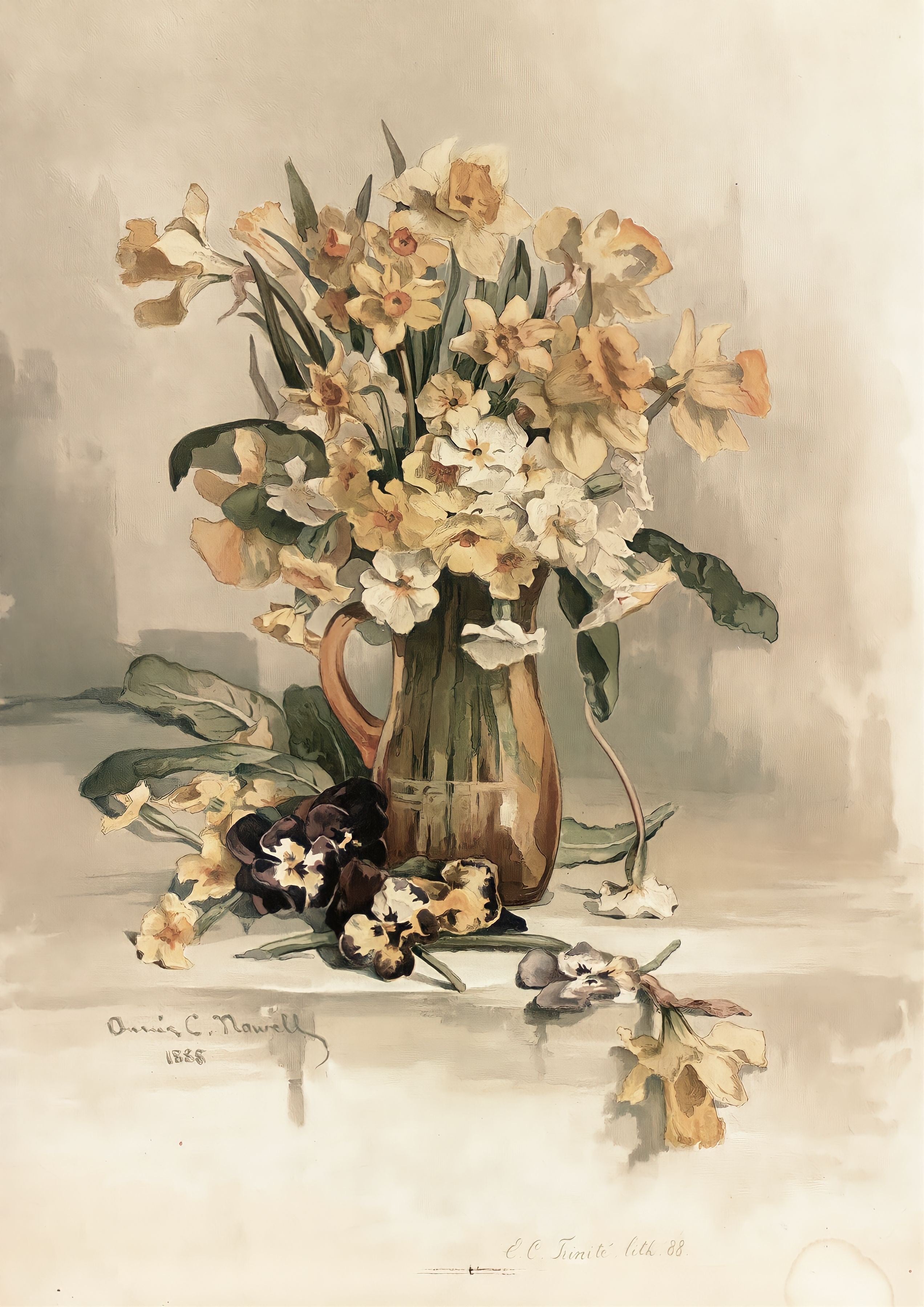 Vinyl Decal, Daffodil Pansy Floral Wall Art Poster | Antique Botanical Flower Print | Rustic Farmhou