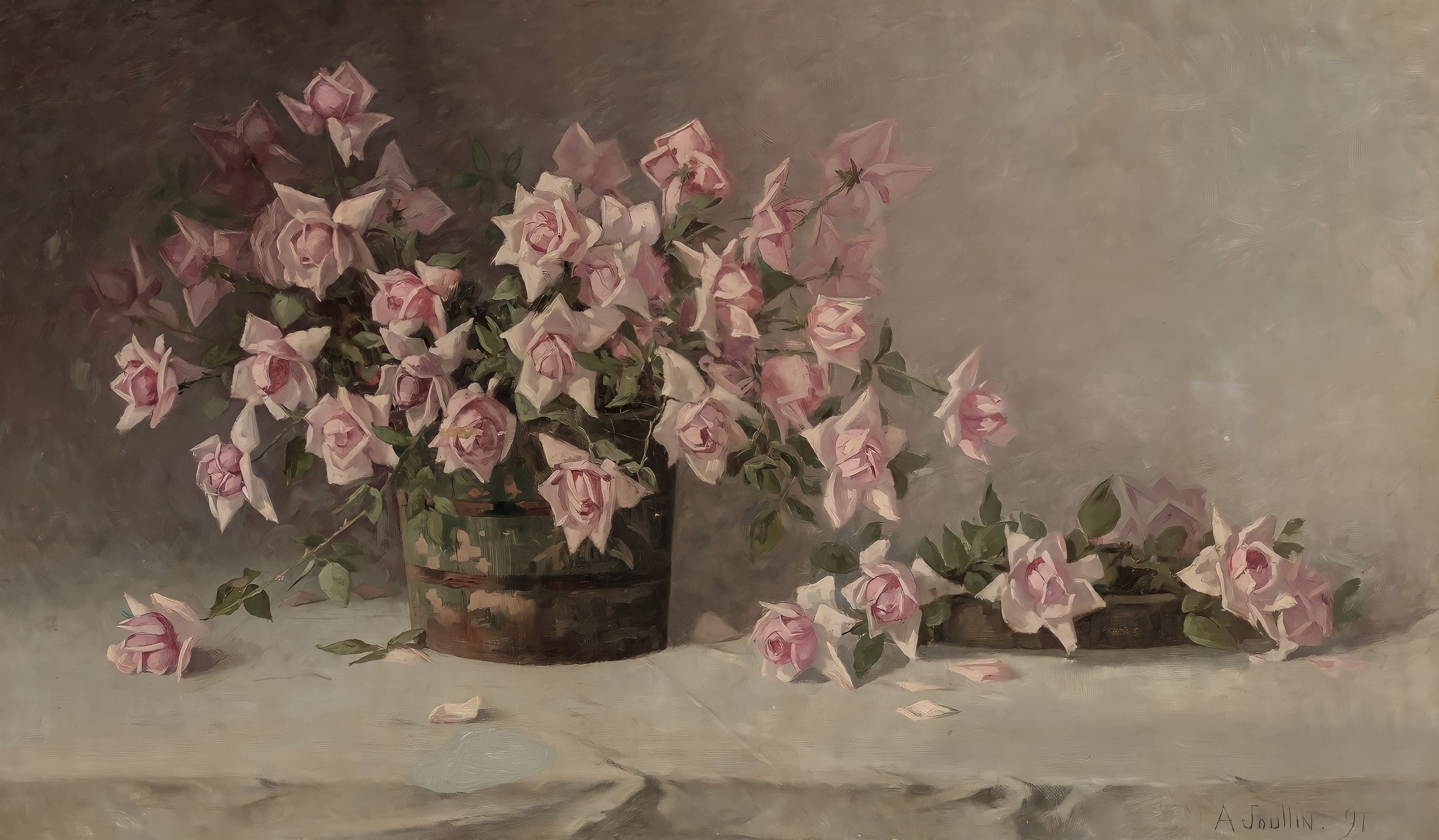 Vinyl Decal, Floral Botanical Wall Art Print, Still Life Pink Roses Flower Oil Painting Reproduction