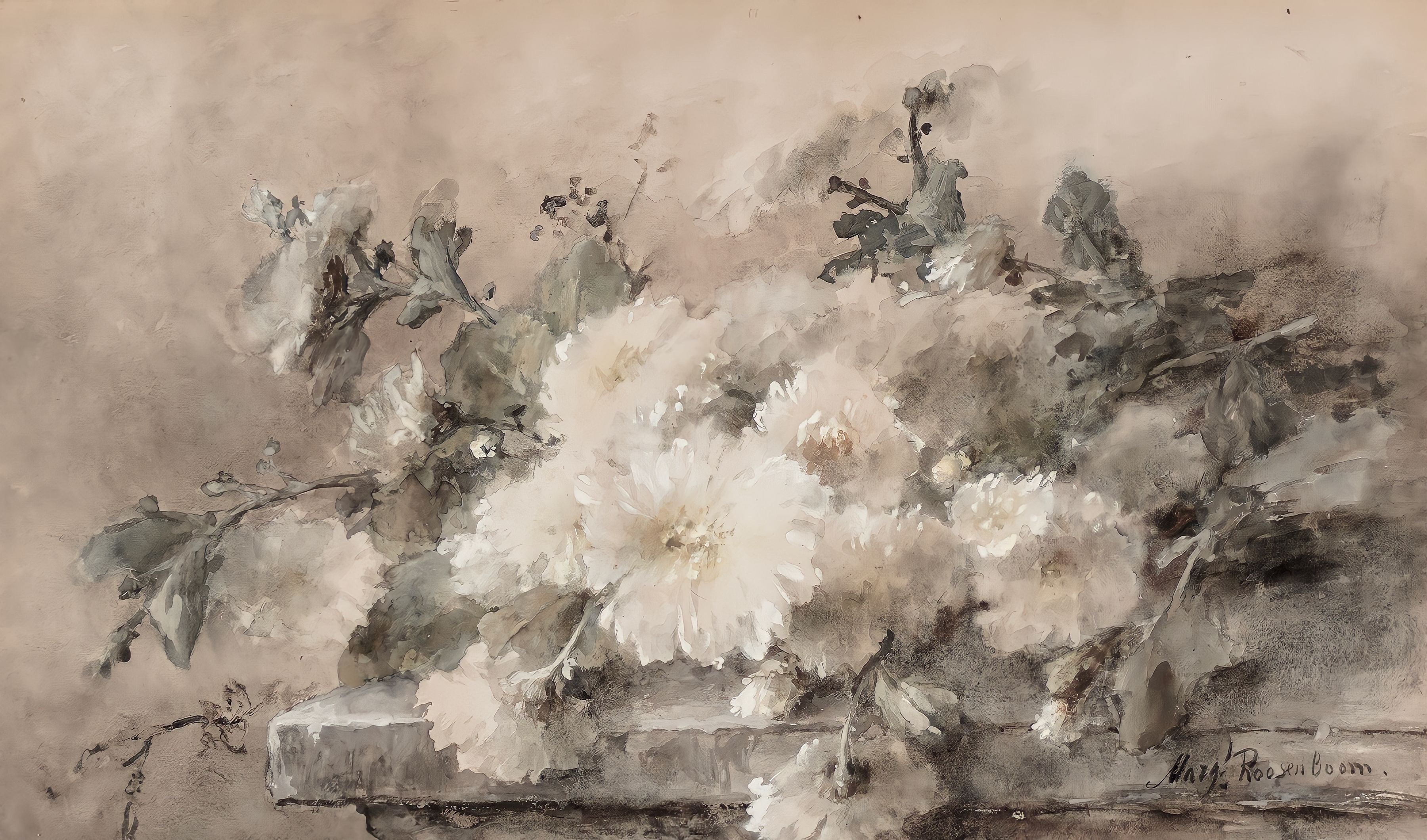 Vinyl Decal, White Chrysanthemum Floral Botanical Wall Art Print, Muted Watercolor Flower Artwork, A
