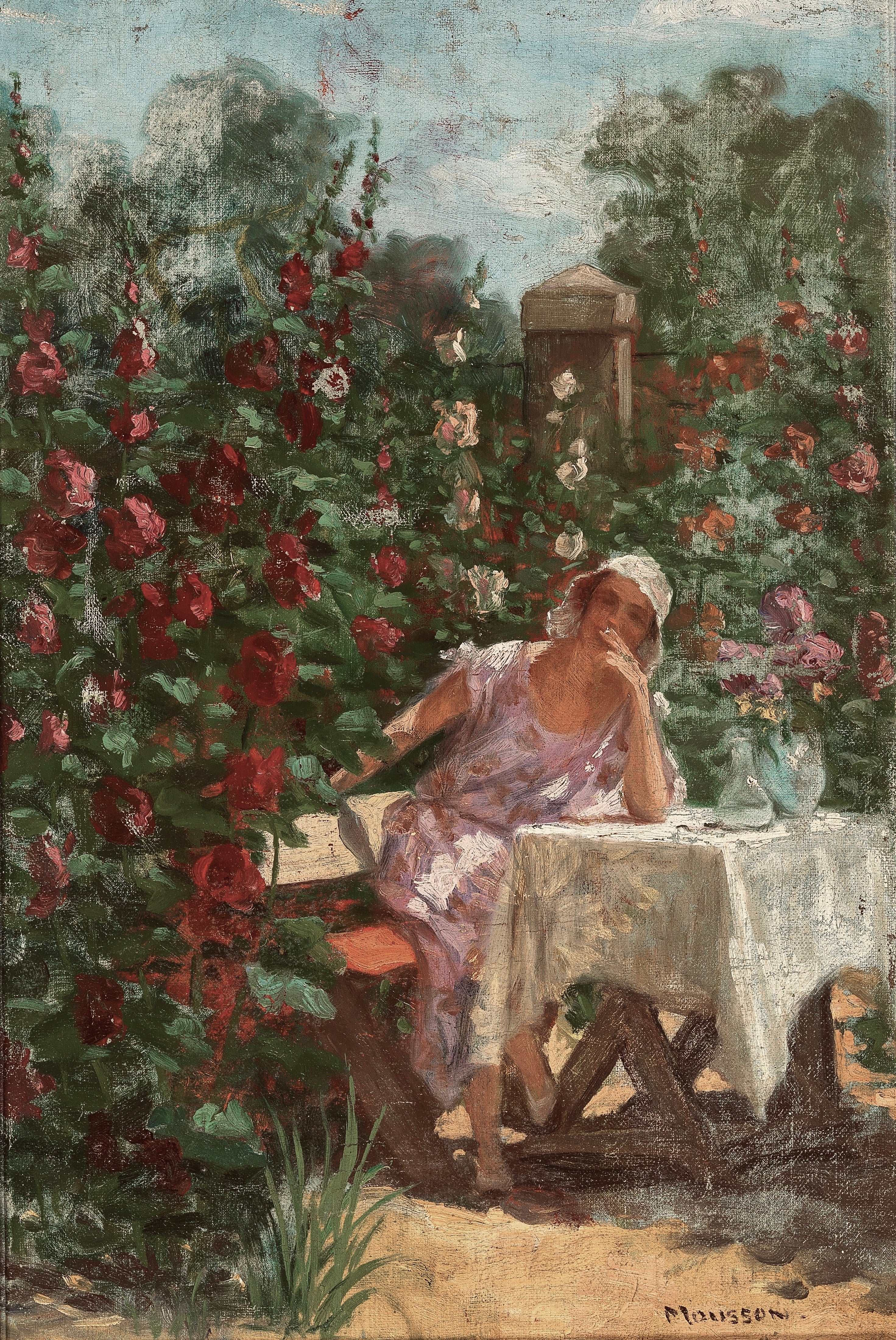 Vinyl Decal, Floral Garden Wall Art Print, Woman Sitting at Table, Cottagecore Home Decor, Unframed