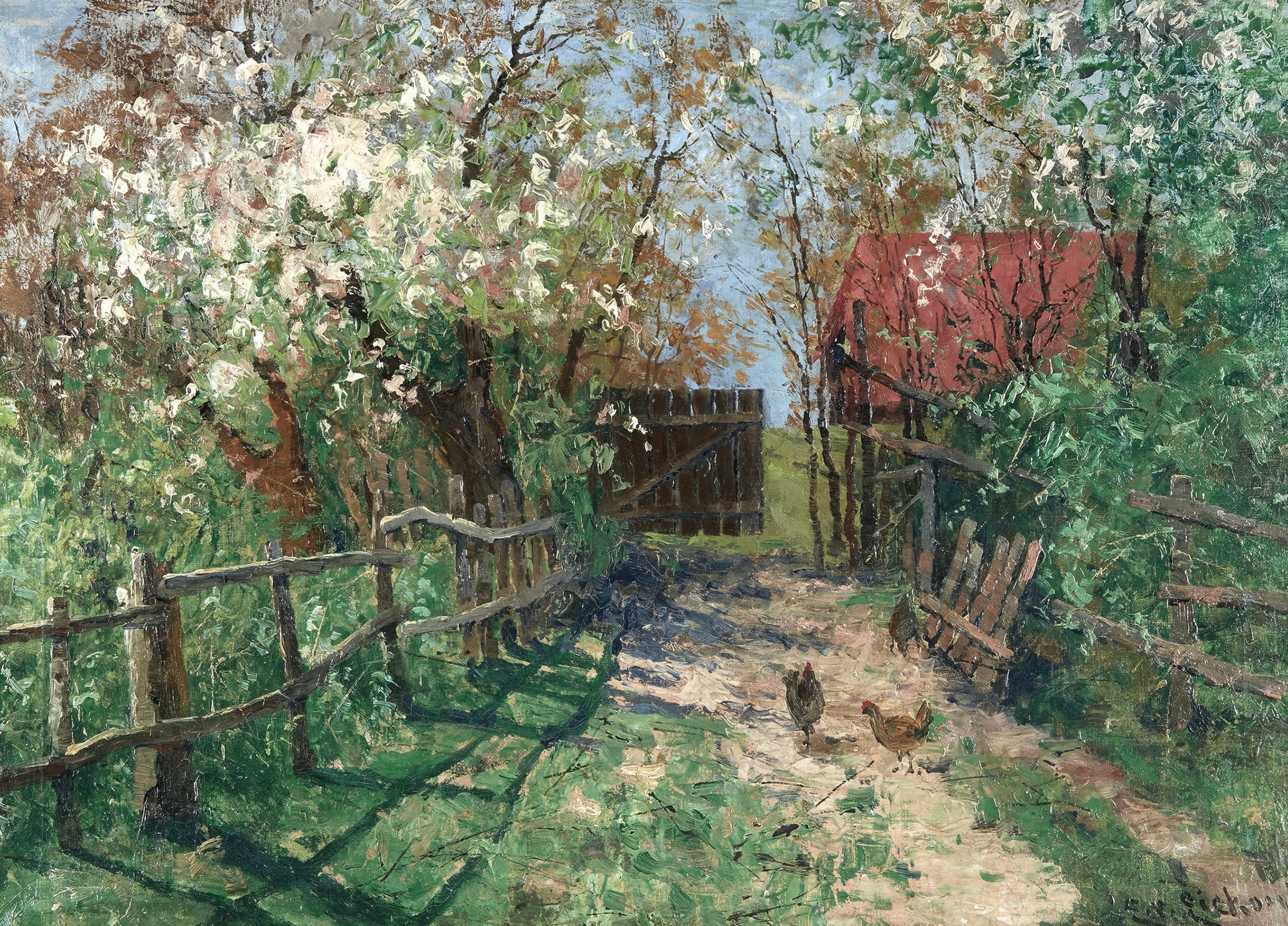 Vinyl Decal, Country Farmhouse Spring Landscape Art Print Wall Decor, Flowering Trees Chicken Path R