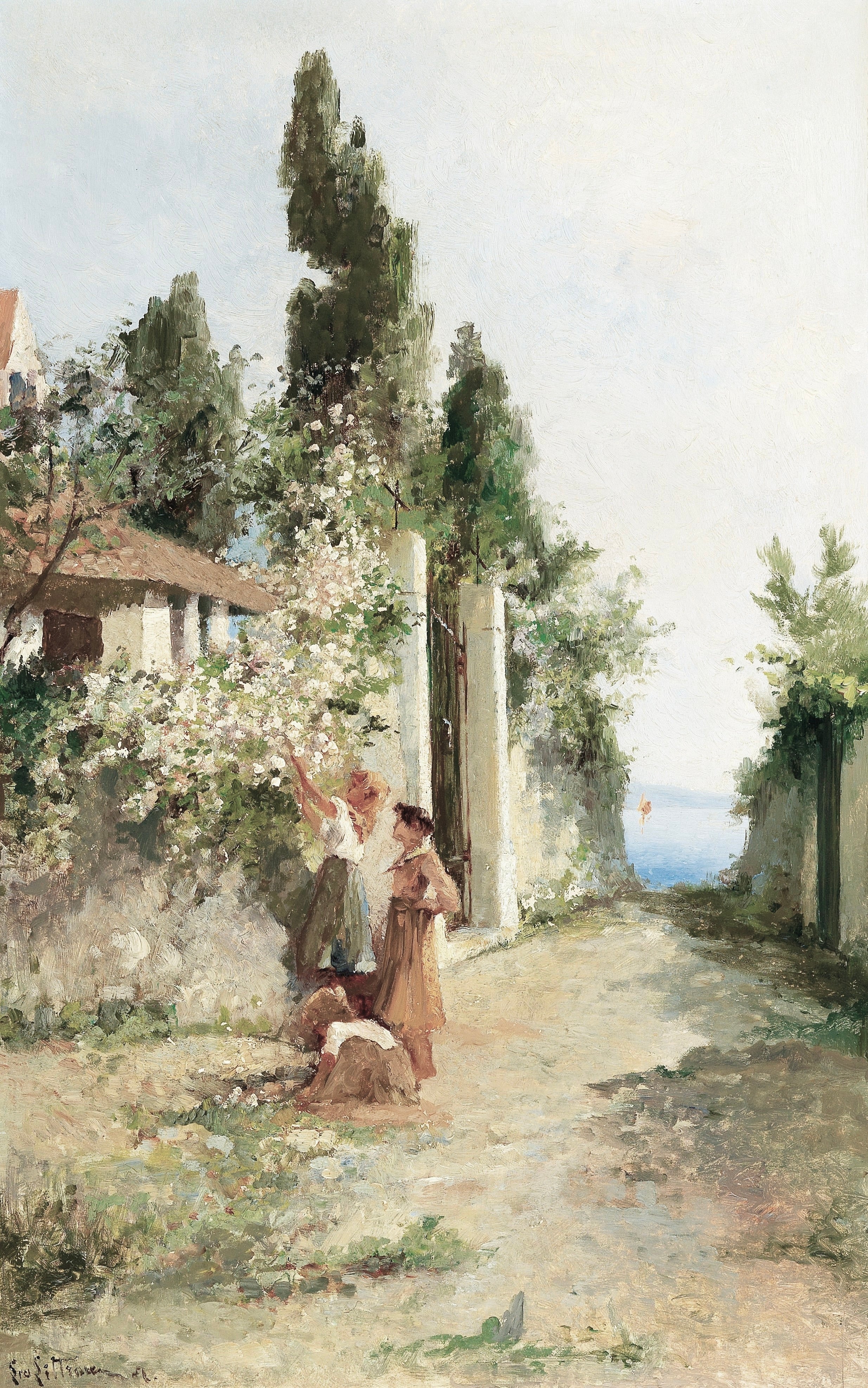 Vinyl Decal, Style Coastal Garden Art Print, Classic Oil Painting Reproduction, People Gathering Flo