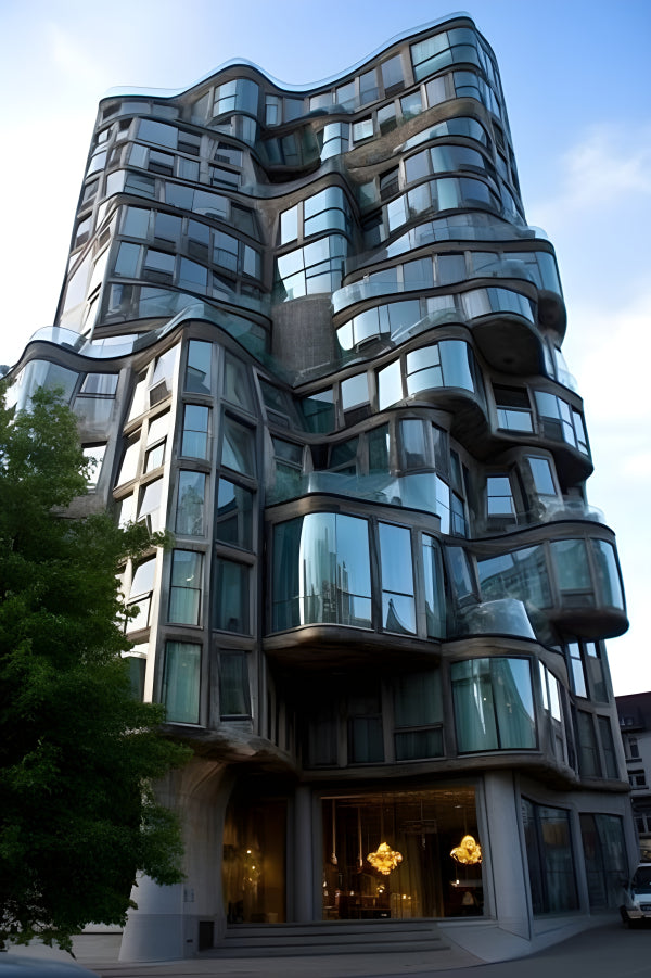 Vinyl Decal, Unique Modern Architecture with Wavy Facade & Glass Windows (5" x 7")