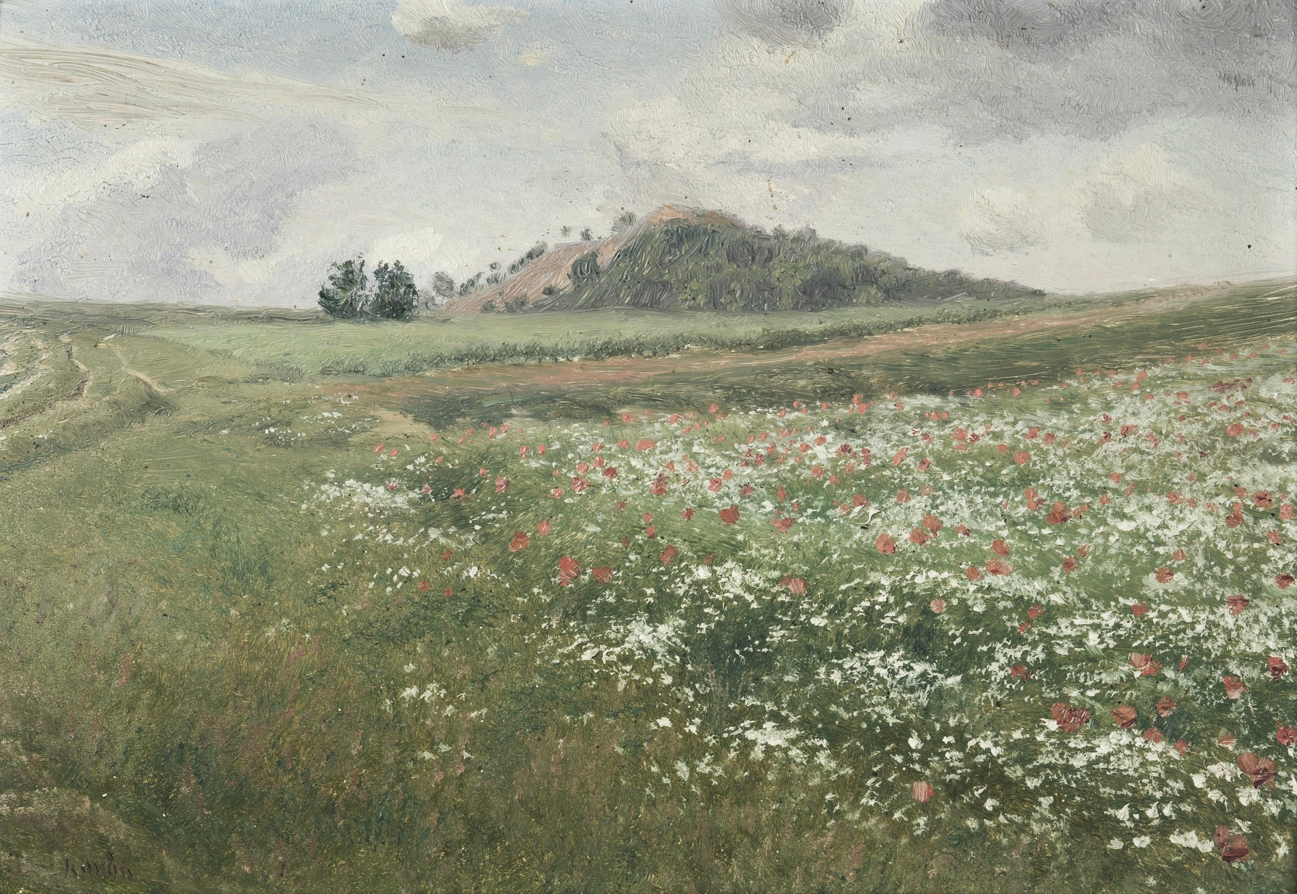 Vinyl Decal, Vintage Wildflower Field Landscape Art Print | Rustic Farmhouse Nature Wall Decor | Red