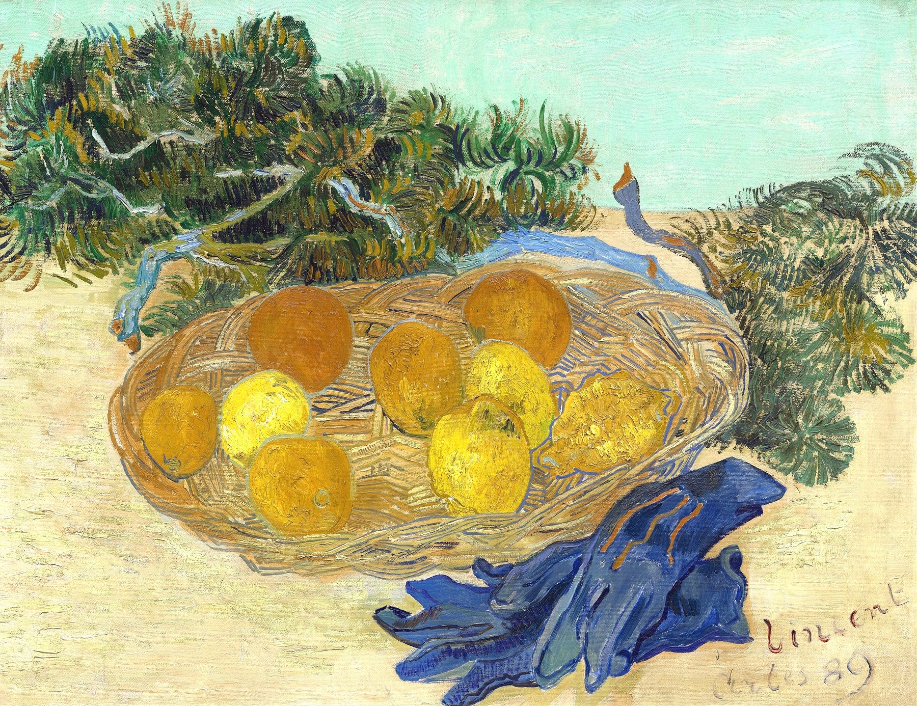 Vinyl Decal, Vibrant Still Life Wall Art Print, Oranges Lemons Blue Gloves Painting, Kitchen Dining