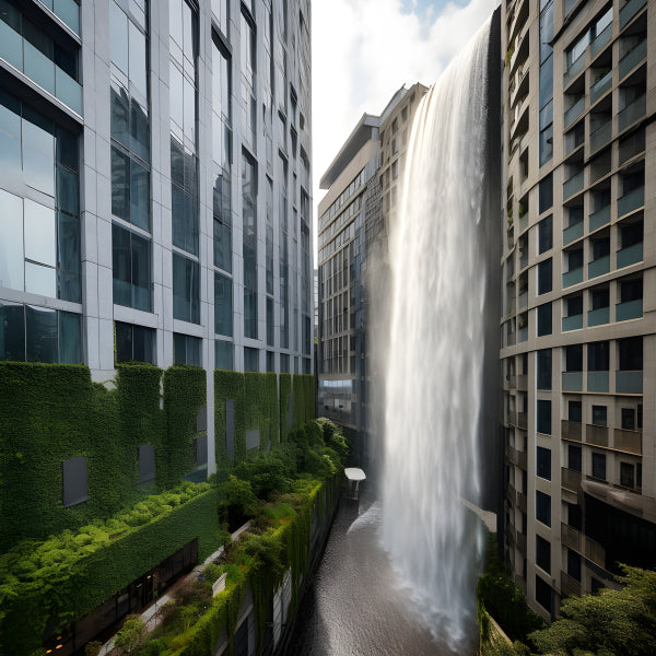 Vinyl Decal, Stunning Modern Architectural Design Featuring a Giant Waterfall Cascading (5" x 7")