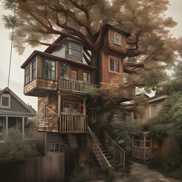 Vinyl Decal, Unique Multi-Level Wooden Tree House with Stairs and Balconies (5" x 7")
