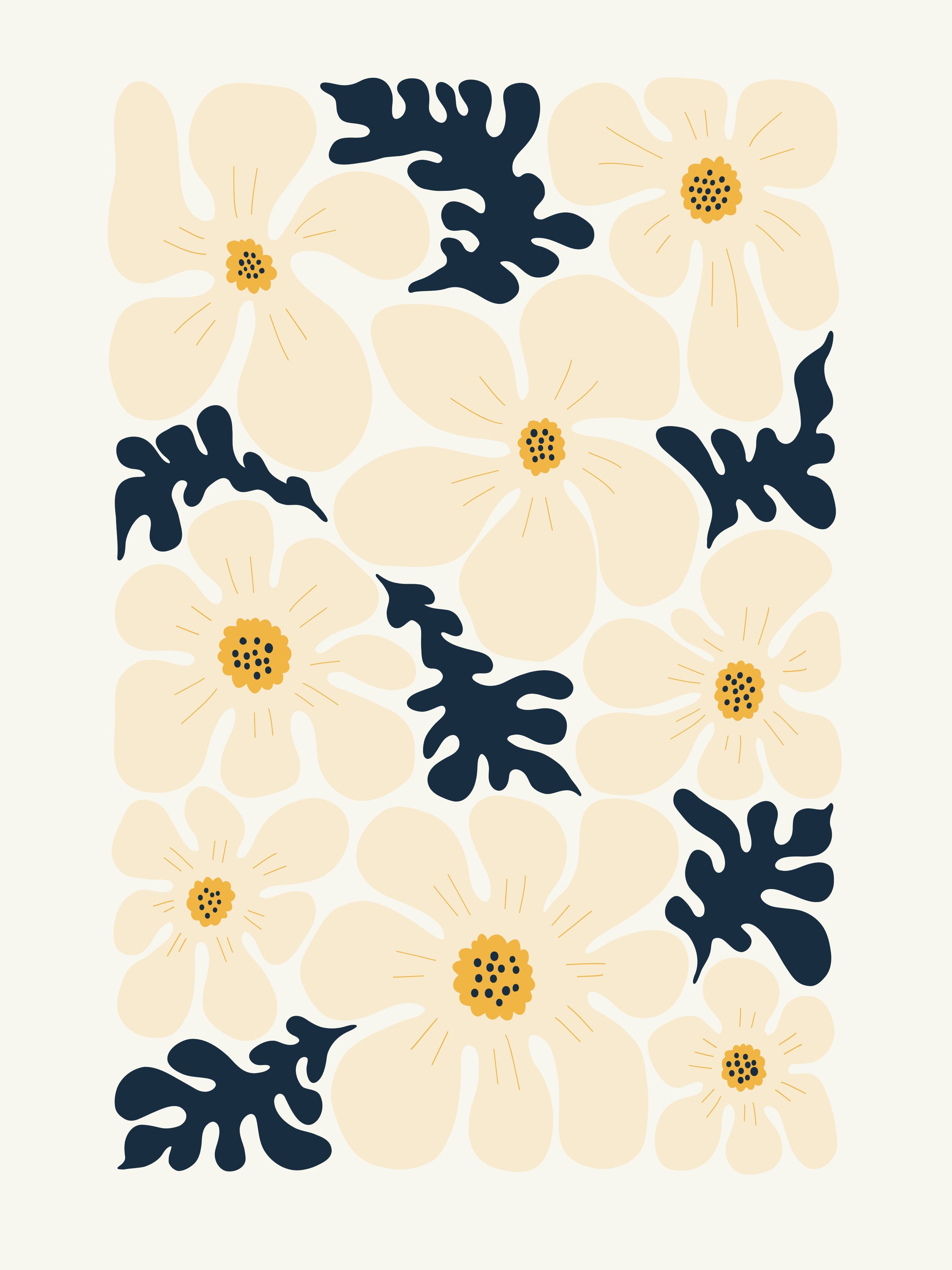 Vinyl Decal, Cream And Navy Blooms (5" x 7")