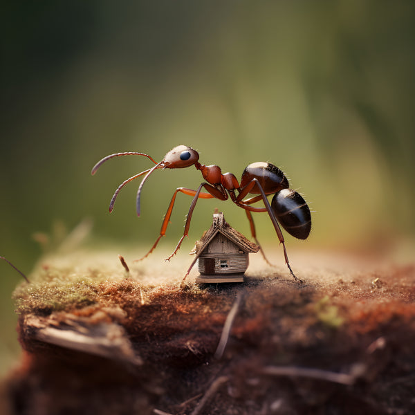 Vinyl Decal Giant Ant Beside Miniature Wooden House on Log: Unique AI-Generated Stock Photo for Natu