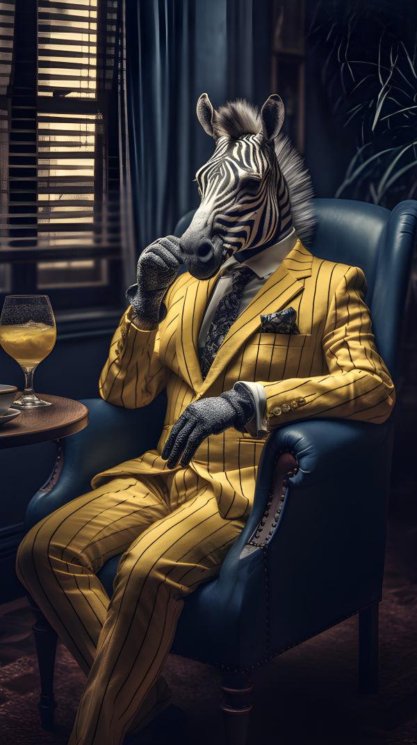 Vinyl Decal Zebra in Yellow Pinstripe Suit Animal Portrait, Anthropomorphic Art, Luxury Palace Decor