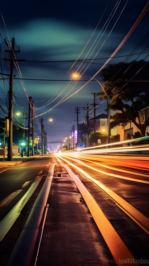 Vinyl Decal, Urban Night Street Photography with Light Trails and Tram Tracks (5" x 7")