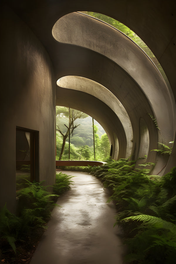 Vinyl Decal, Architectural Indoor Pathway With Lush Green Ferns & Curved Concrete Design (5" x 7")