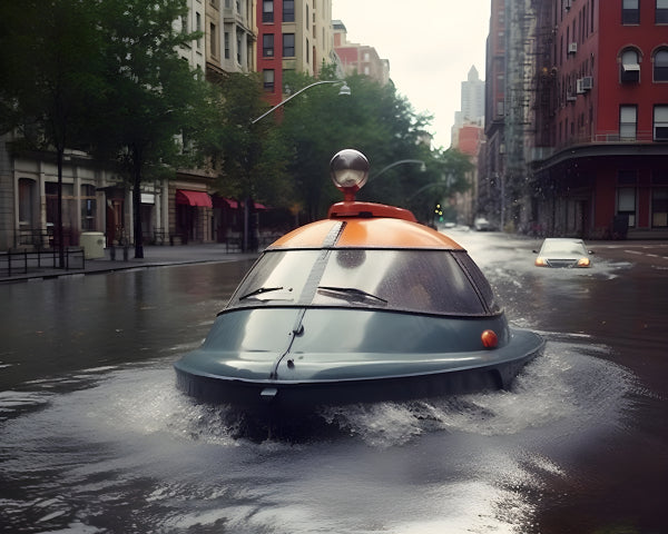 Vinyl Decal, Hovercraft Vehicle Navigates Flooded City Streets (5" x 7")