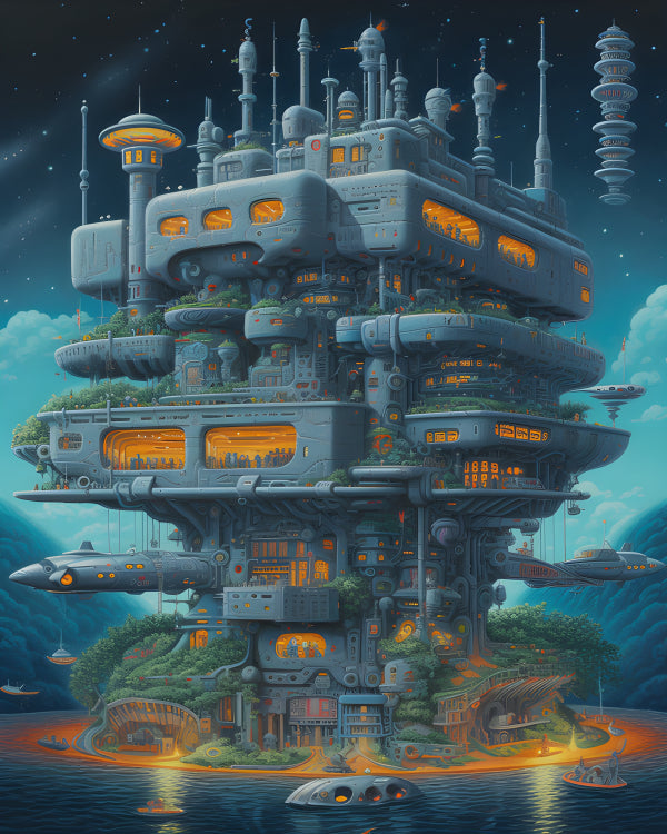Vinyl Decal, Alien City Island Habitat Digital Art Print (5" x 7")