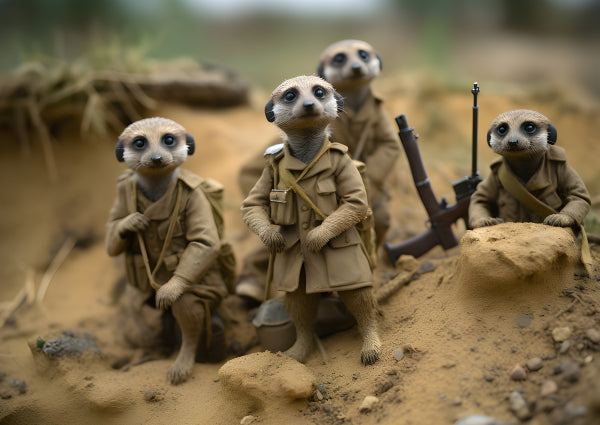 Vinyl Decal Four Cute Meerkats Dressed in Military Soldier Uniforms in a Trench, Whimsical Animal Ar