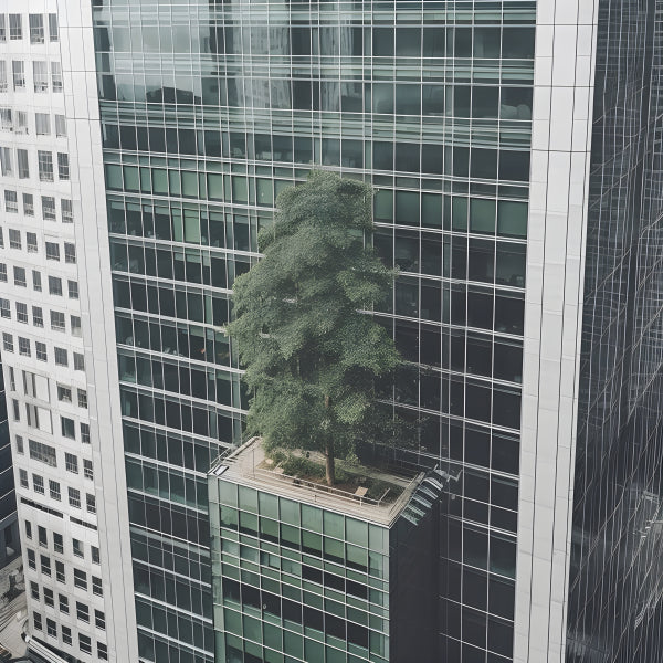 Vinyl Decal, Modern Glass Skyscraper with Unique Rooftop Tree Garden Feature (5" x 7")