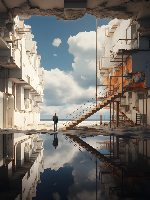 Vinyl Decal, Surreal Architecture Reflection Art Print, Abstract Coastal Portrait with Figure (5" x