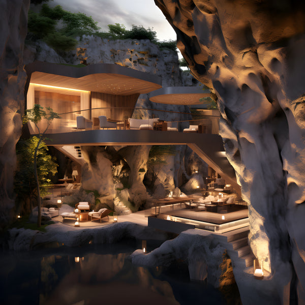 Vinyl Decal, Luxury Cave House Interior Design Concept - Modern Cliffside Living Art Print (5" x 7")