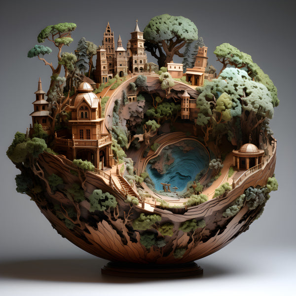Vinyl Decal, Fantasy Miniature Village Wall Art, Wooden Bowl World Poster, Unique Castle Landscape D