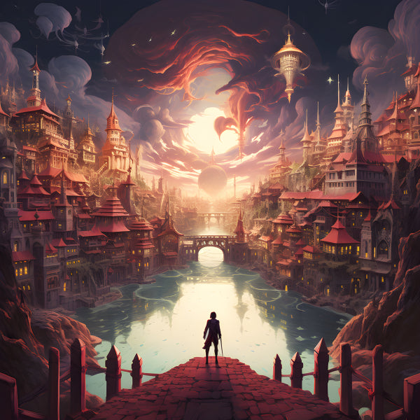 Vinyl Decal, Fantasy Anime Cityscape Wall Art Poster, 5 x 7 or 8 x 10 Inch Unframed Poster for Home,