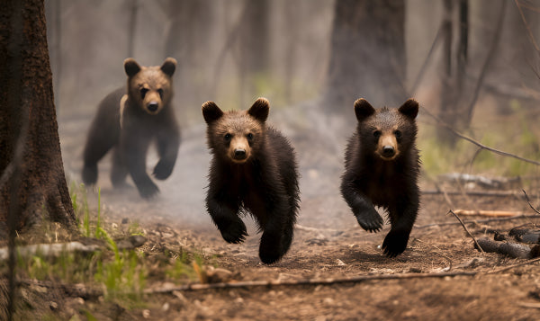 Vinyl Decal Three Adorable Brown Bear Cubs Running in Forest, Nature Wildlife Photo Print, Perfect W