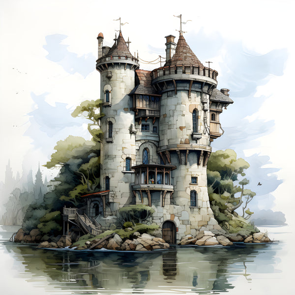 Vinyl Decal, Whimsical Waterside Castle Art Print - Rustic Home Decor Wall Art, 5 x 7 or 8 x 10 Inch