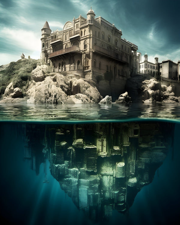 Vinyl Decal, Unique Architectural Illusion Art Print | Surreal Waterside Building Home Decor, 5 x 7