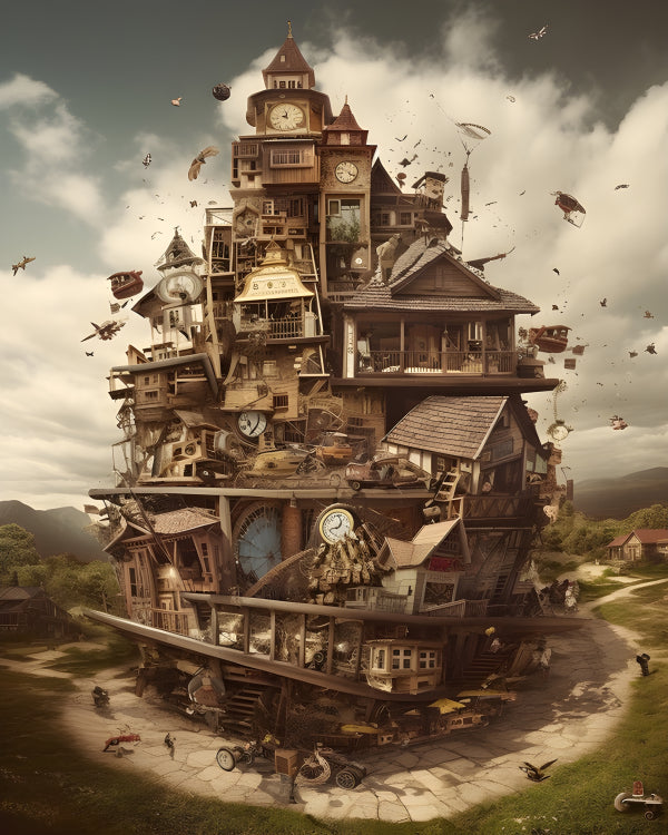 Vinyl Decal, Whimsical Steampunk Flying House Art Print | Unique Fantasy Home Decor Wall Art, 5 x 7