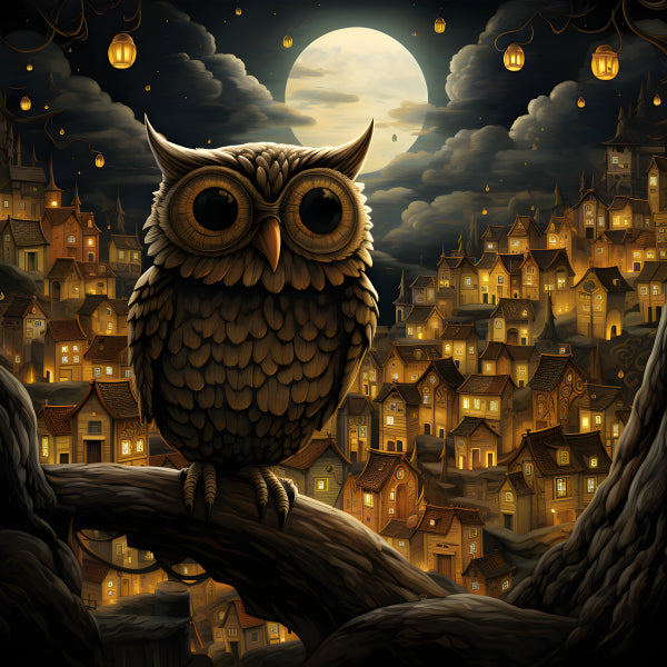 Vinyl Decal, Fantastical Owl Wall Art Poster Full Moon Night Sky Whimsical Home Decor, 5 x 7 or 8 x