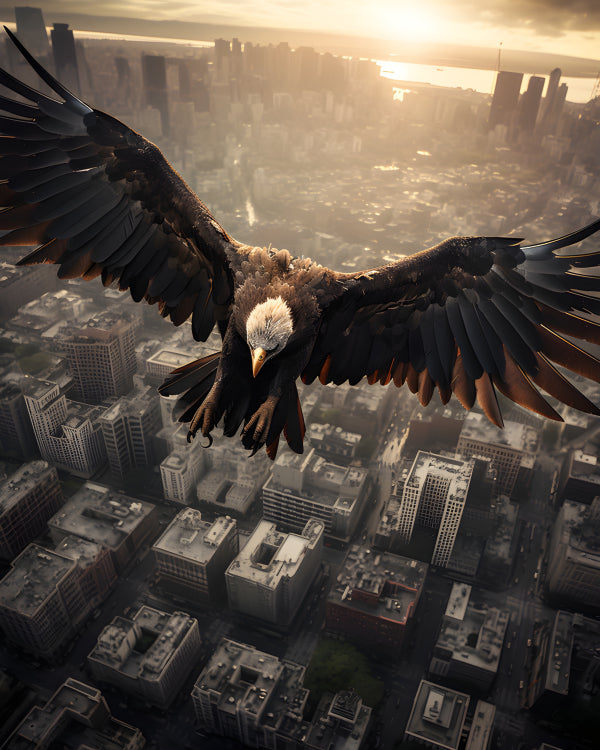 Vinyl Decal Majestic Bald Eagle Flying Over Cityscape at Sunrise/Sunset, Freedom Wildlife Nature Art