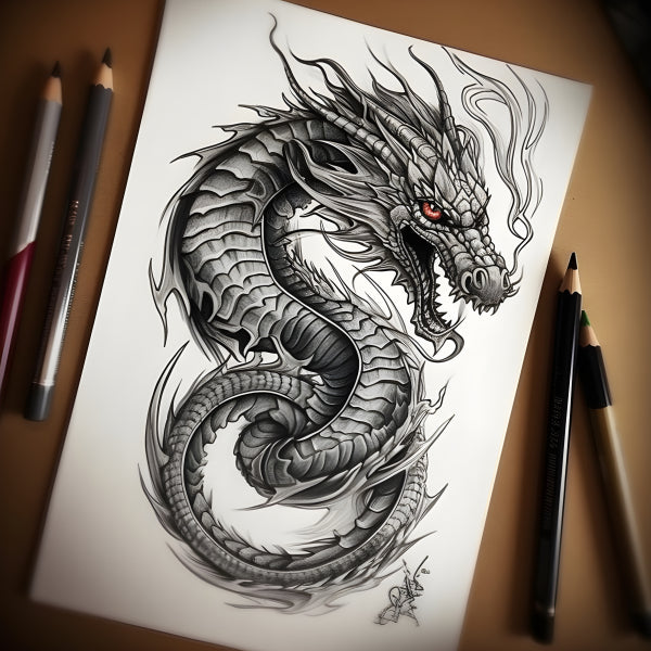 Vinyl Decal, Dragon Sketch Art Print Black and White Mythical Creature Wall Decor, 5 x 7 or 8 x 10 I