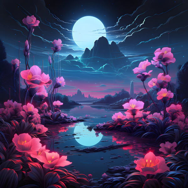 Vinyl Decal, Moonlit Dreamscape Art Print Vibrant Pink Purple Floral Night Sky Poster, 5 x 7 or 8 x