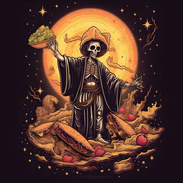 Vinyl Decal, Mystical Skeleton Serving Tacos Wall Decor, 5 x 7 or 8 x 10 Inch Unframed Poster for Ho