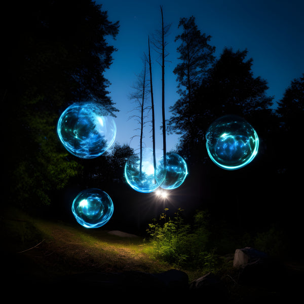 Vinyl Decal, Mystical Blue Glowing Orbs in Dark Forest Night Sky Wall Art Poster Print, 5 x 7 or 8 x