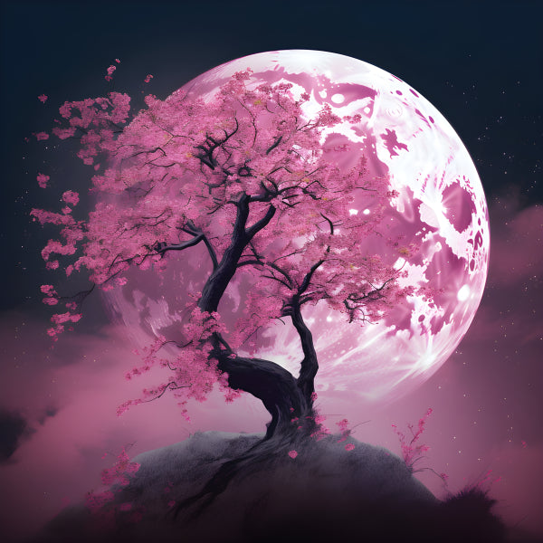 Vinyl Decal, Pink Cherry Blossom Tree Wall Art Poster Full Moon Sakura Tree Oil Painting Style Print
