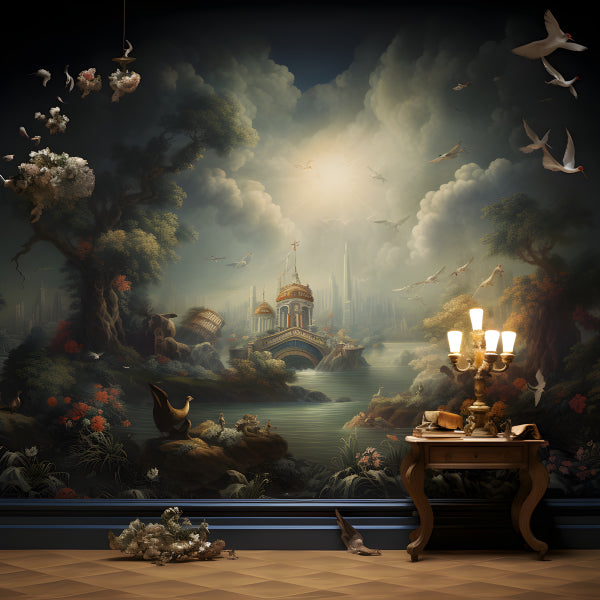 Vinyl Decal, Fantasy Landscape Wall Art Poster Dramatic Sky Birds Castle Mural Decor, 5 x 7 or 8 x 1