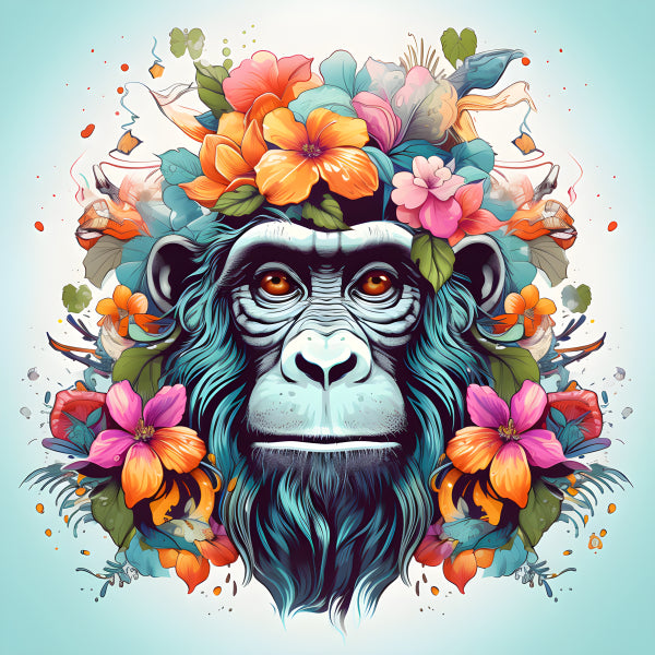 Vinyl Decal, Gorilla portrait surrounded by colorful flowers Wall Art Poster, 5 x 7 or 8 x 10 Inch U