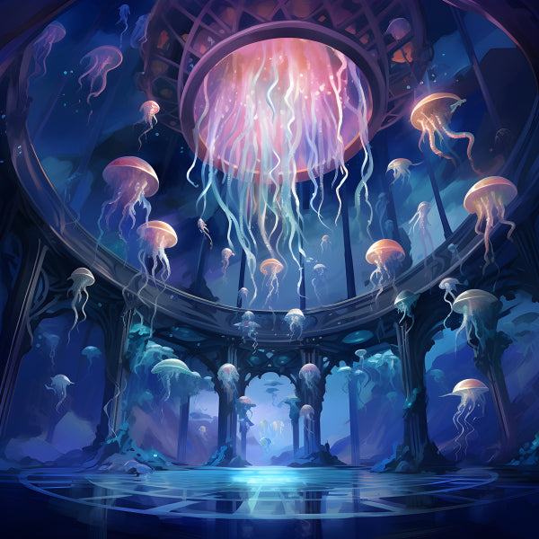 Vinyl Decal, Mystical Ocean Temple Glow Jellyfish Print, 5 x 7 or 8 x 10 Inch Unframed Poster for Ho