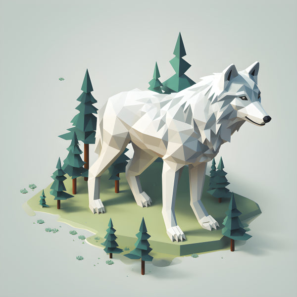 Vinyl Decal, Minimalist Low Poly Arctic Wolf Forest Scene Home Decor, 5 x 7 or 8 x 10 Inch Unframed