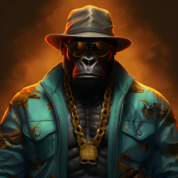 Vinyl Decal Gangsta Gorilla in Fedora Hat & Sunglasses with Gold Chain, Teal Jacket, and Pendant - C