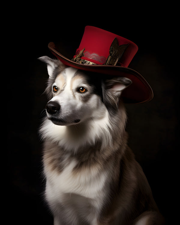 Vinyl Decal Majestic Husky Dog Portrait in a Stylish Red Top Hat - Unique Animal Art Print for Home